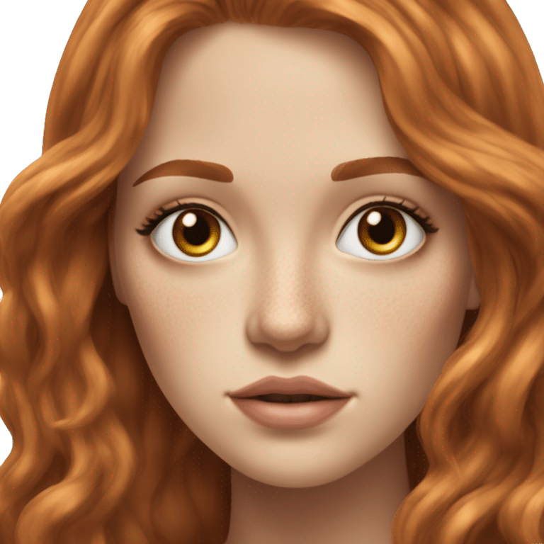 white youfg woman central heterochromia eyes small noe redhead long hair layers freckles brown lipstikck realistick emoji