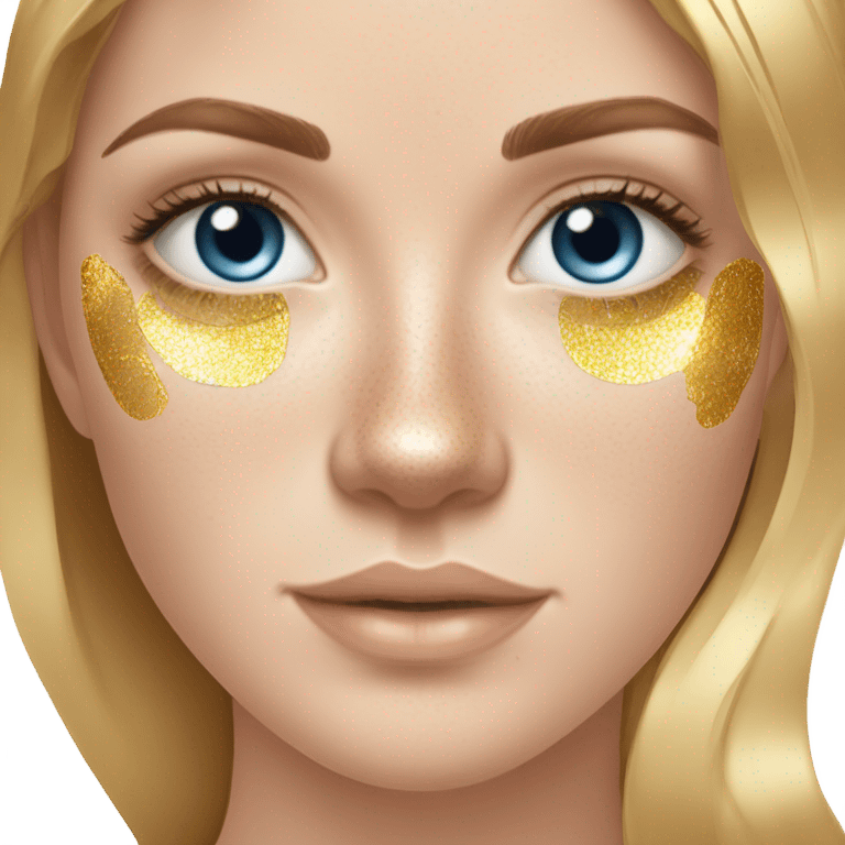 white girl with freackles, brunett hair ,blue eyes girl using Gold gel skin care patches under her eyes emoji