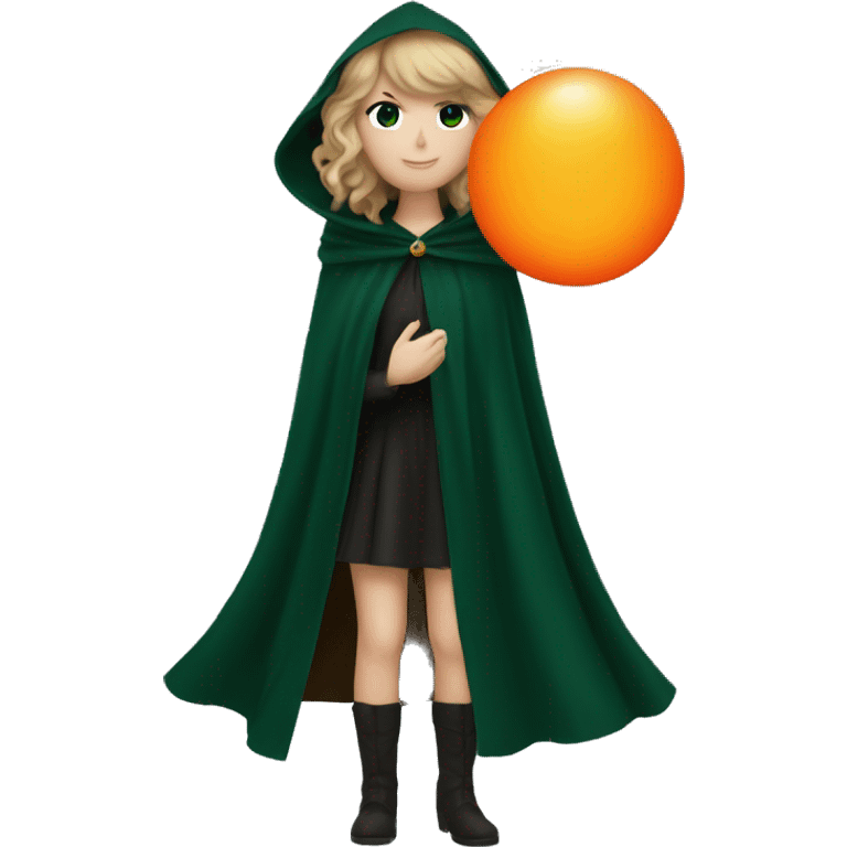 Taylor swift in dark green cloak holding an orange glowing orb emoji