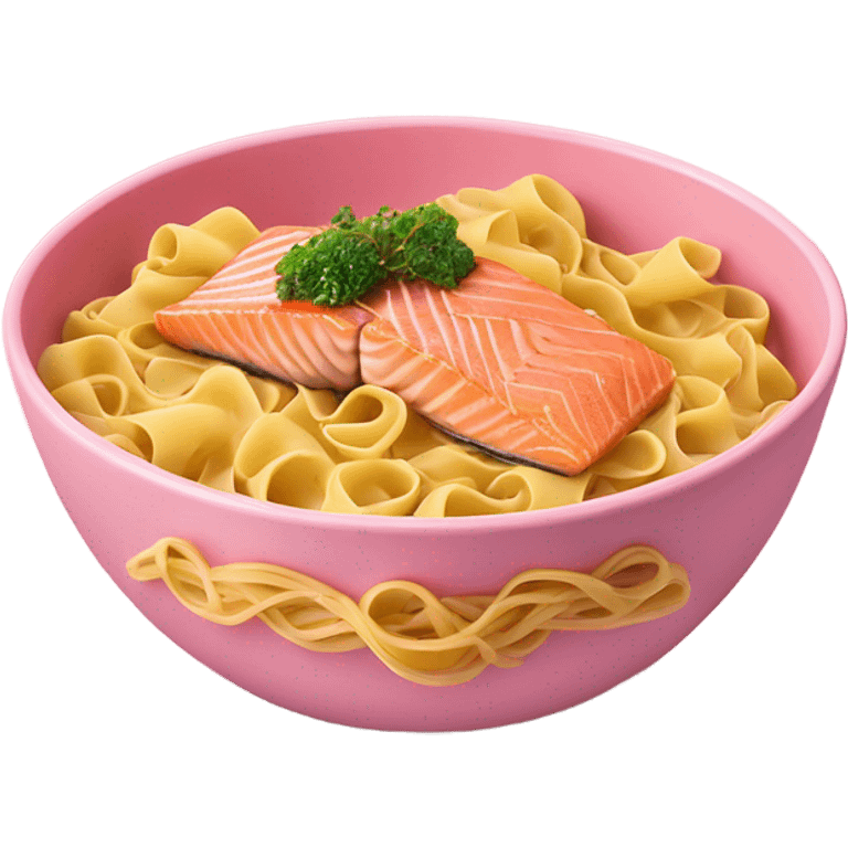 Salmon with bow tie pasta in pink bowl emoji