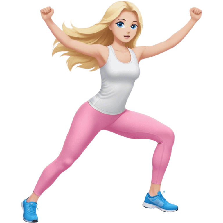 A cinematically realistic blonde with long hair and blue eyes, dressed in a white top and pink leggings, performs a sports exercise emoji