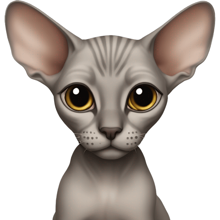 a light gray sphinx cat with a dark muzzle in a soft brown blouse sits emoji