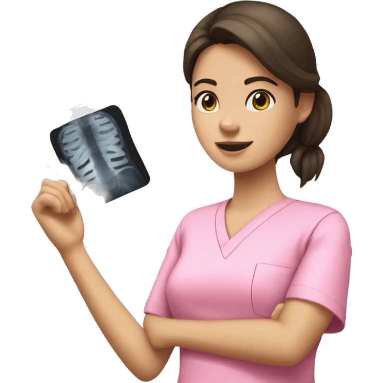 Brunette girl in pink scrubs looking at an arm X-ray  emoji