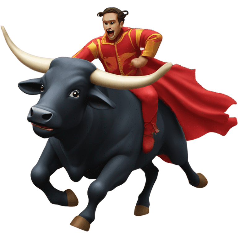 A big red bull with sharp horns chasing the matador. emoji