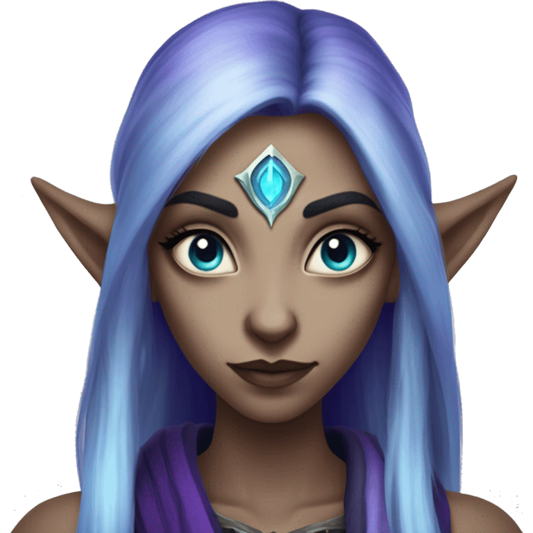 night elf female whom world of warcraft with white sclera eyes without pupil, purple skin, blue long hair, long eyebrows and ears emoji