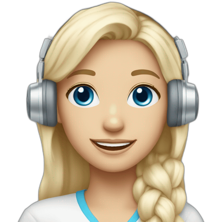 make a platinum blonde girl with blue eyes and with a headset that is very happy emoji