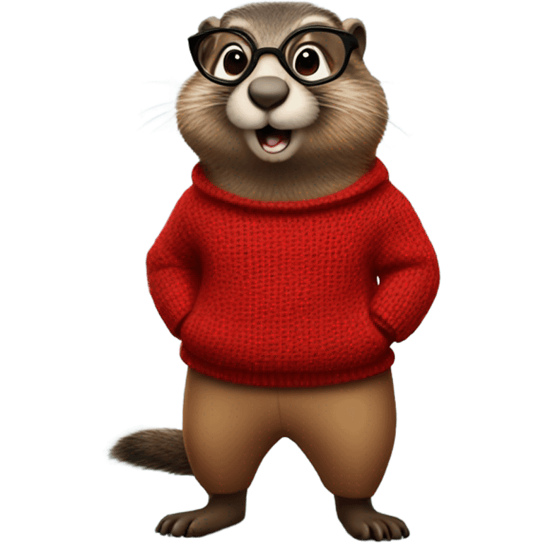 cute groundhog in a fully red sweater and glasses full body shown emoji