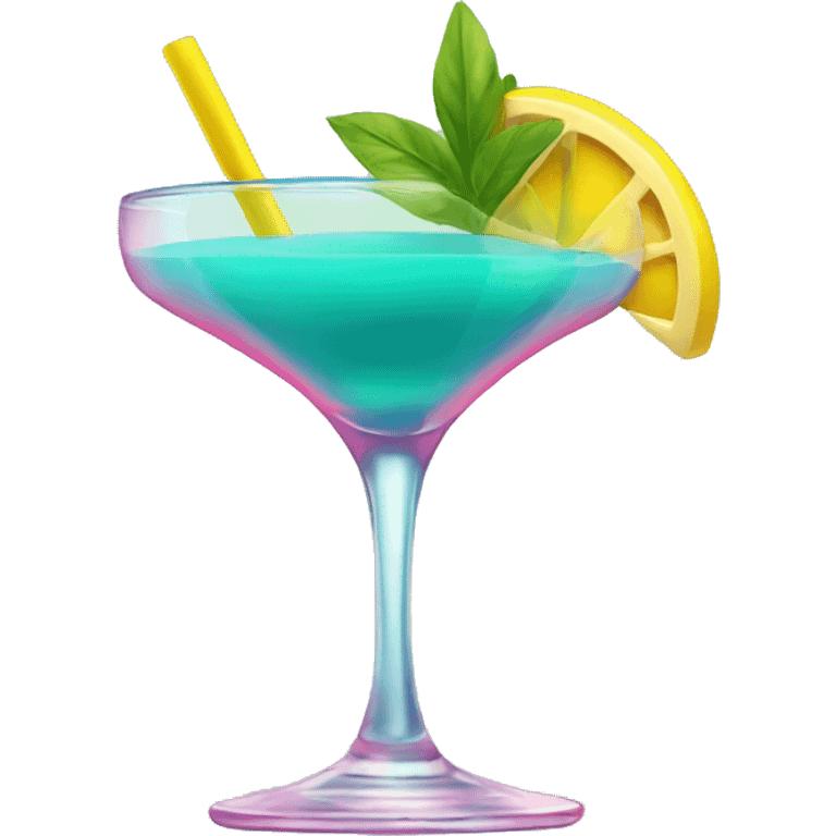 Bluish green cocktail with pink and yellow emoji