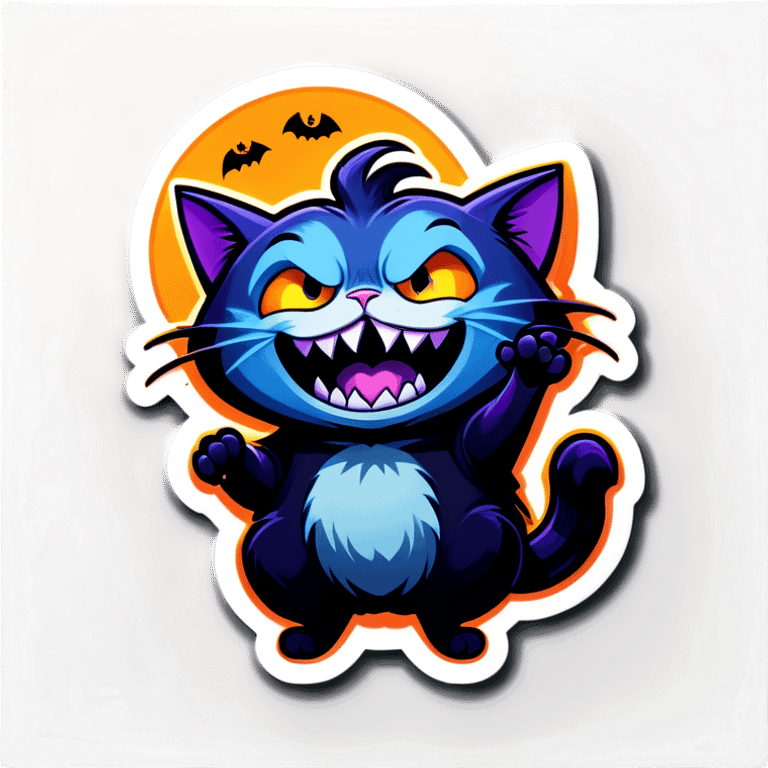 A dark blue cartoon cat with a spooky yet playful expression, inspired by Halloween sticker aesthetics. The cat is laughing uncontrollably, rolling on the floor or holding its belly, with exaggerated, expressive eyes and sharp teeth showing. The background is dark but fun, featuring gothic elements like floating candles, cobwebs, and eerie purple lighting. The art style is cute yet slightly creepy, resembling animated Halloween-themed stickers with bold outlines and vibrant colors. emoji