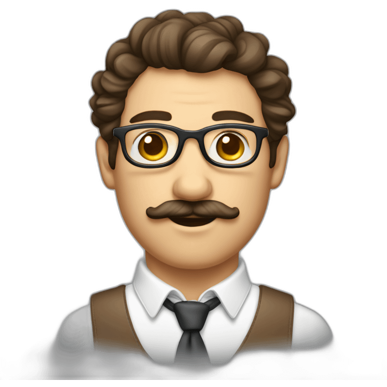 homme cheveux bouclé et brun, fine lunette et moustache emoji