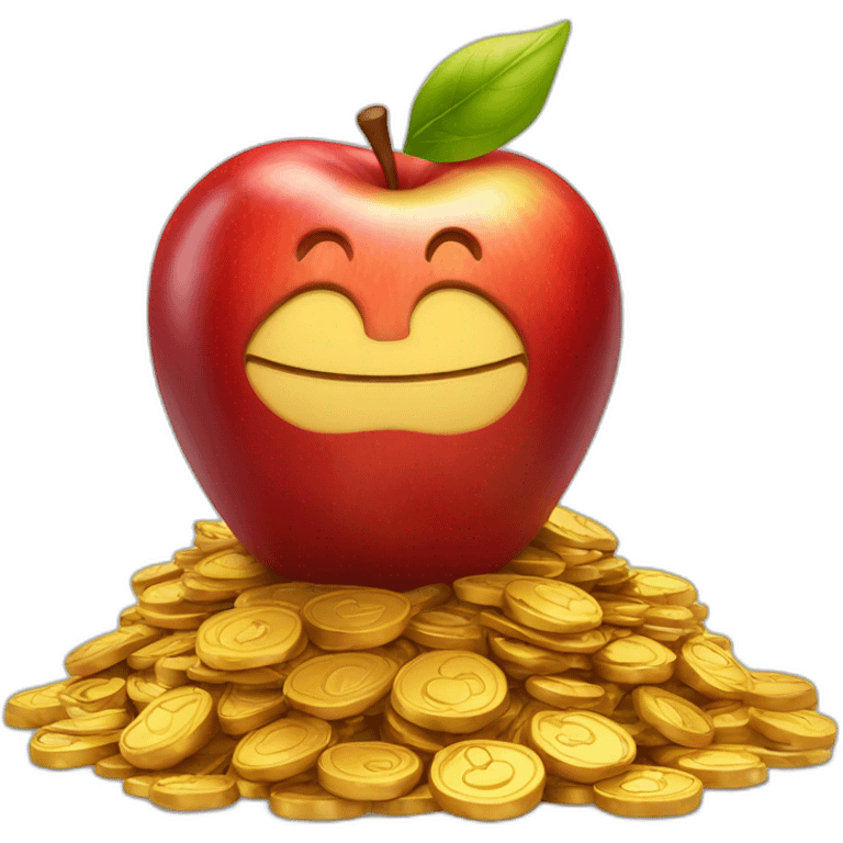 smiling red apple standing on a pile of gold emoji