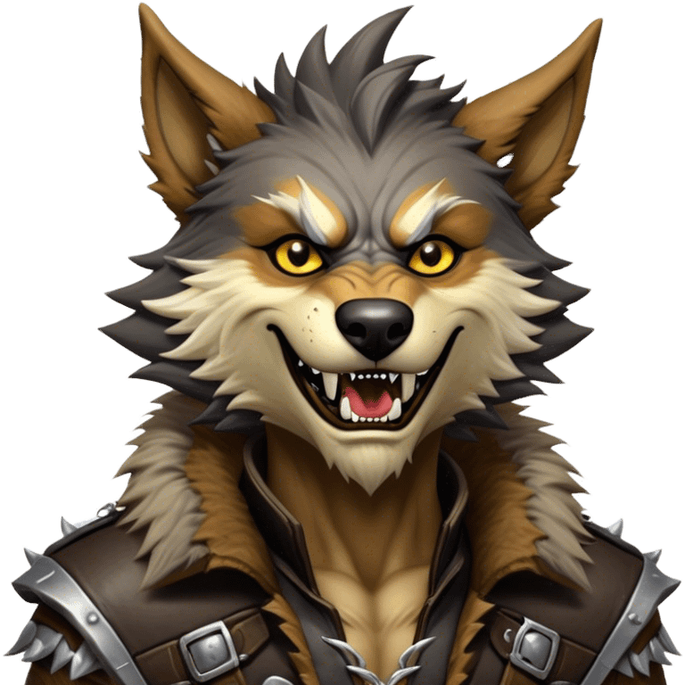 Cinematic Realistic WoW Worgen Portrait, head tilted dramatically with an exaggeratedly amused expression, blending ferocious beastliness with a touch of unexpected humor. His rugged fur, tanned skin, and worn leather garments are rendered with meticulous detail and dynamic lighting, high shine, dramatic yet whimsical, capturing the essence of a worgen whose epic might is tempered by a playful, irreverent charm. emoji