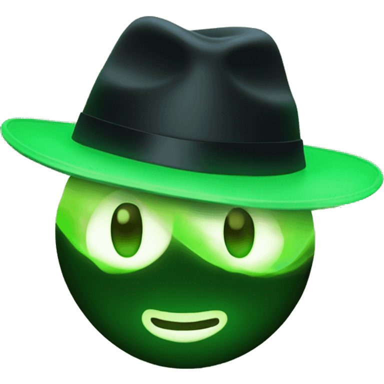 😳 with a green glowing face, wearing a black fedora hat emoji