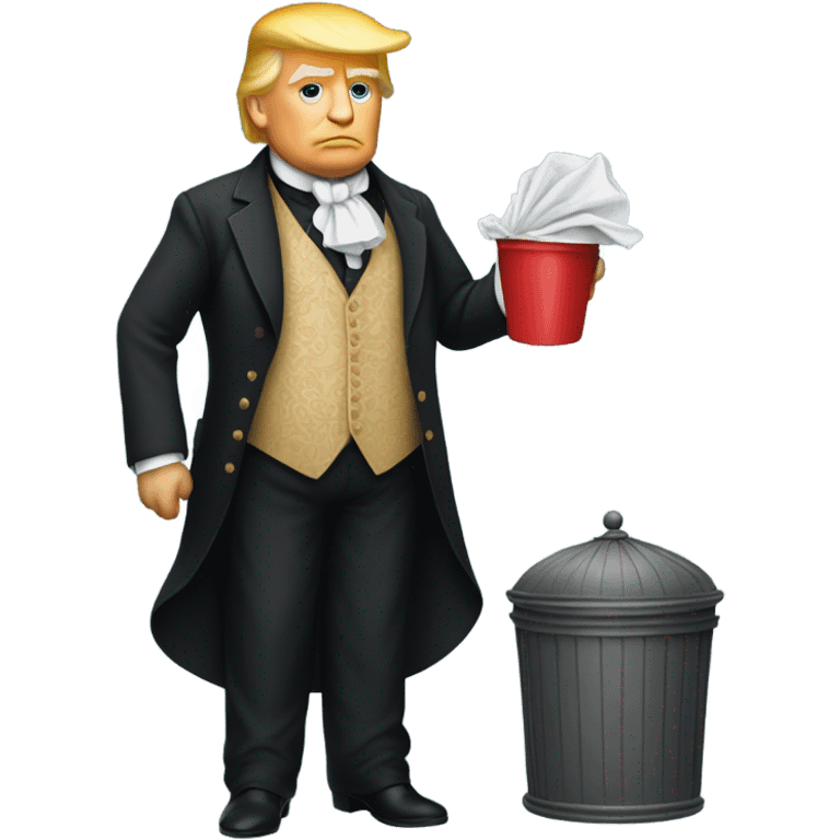 trump in Victorian dress elegant, full body, holding a trash bidon emoji