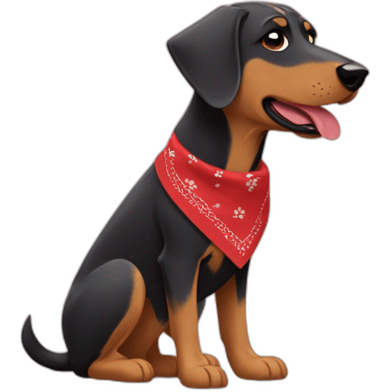 coonhound and German shepherd mix dog wearing small plain red bandana and walking left emoji