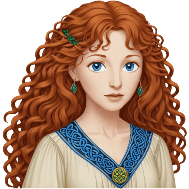 a detailed portrait of loreena mckennitt, focusing on her upper half. she has long, curly auburn hair, fair skin, and piercing blue eyes. wearing a flowing blouse with Celtic-inspired embroidery, highlights her serene and contemplative expression emoji