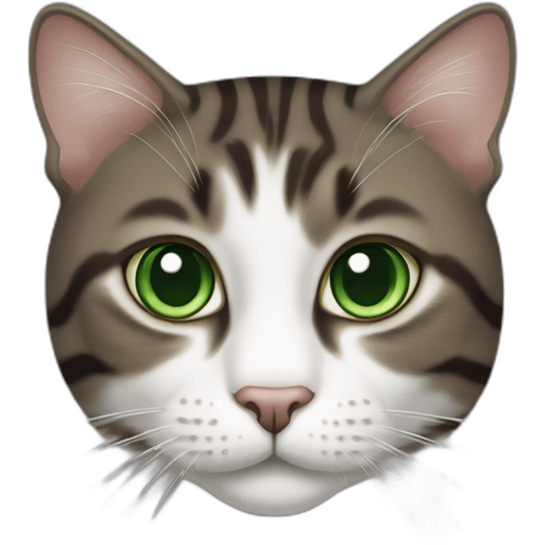 Dark Brown and white tabby cat with green eyes emoji