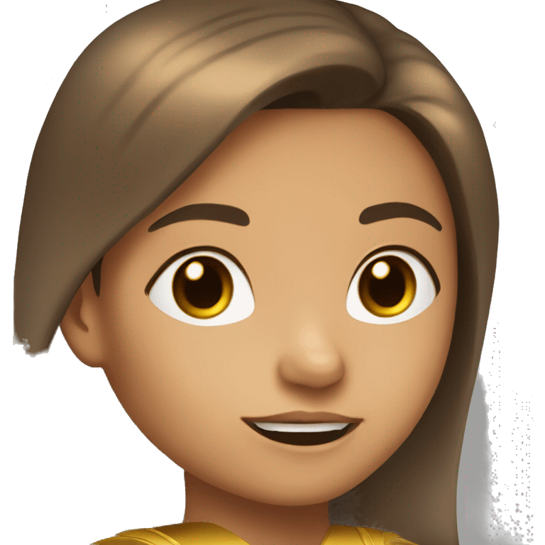 superhero, child, girl, long brown hair, brown eyes, hispanic, straight hair, earrings, gold clothes, close up emoji