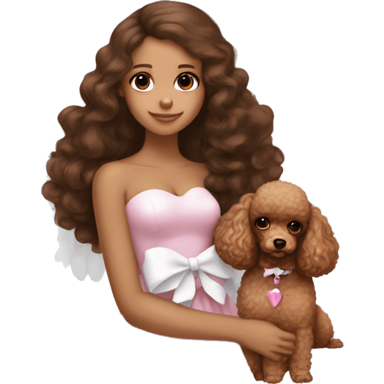 Brunette girl with long brown blowout hair and brown eyes, with large angel wings and a white bow in a strapless dress , holding a toy brown poodle with a pink bow emoji