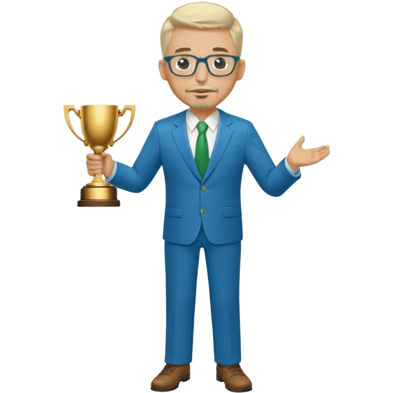 Full Body white  male medium size wearing glasses with a goatee with light blonde and gray very short hair basketball head Coach in blue and green suit holding trophy emoji