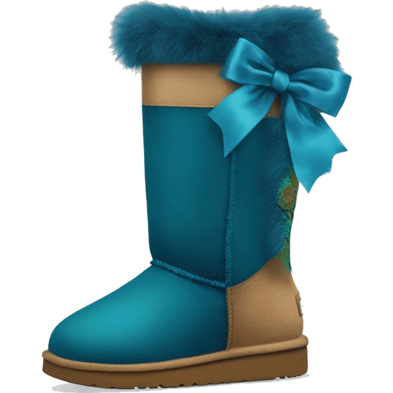 Tall Pair of peacock blue fur Ugg boots with silk ribbon bow. emoji