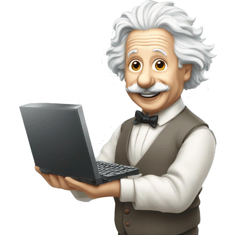 happy albert einstein holding computer in one hand emoji