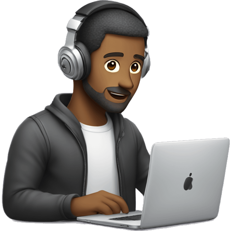 man in headphones talking hold laptop and phone only upper part of body  emoji