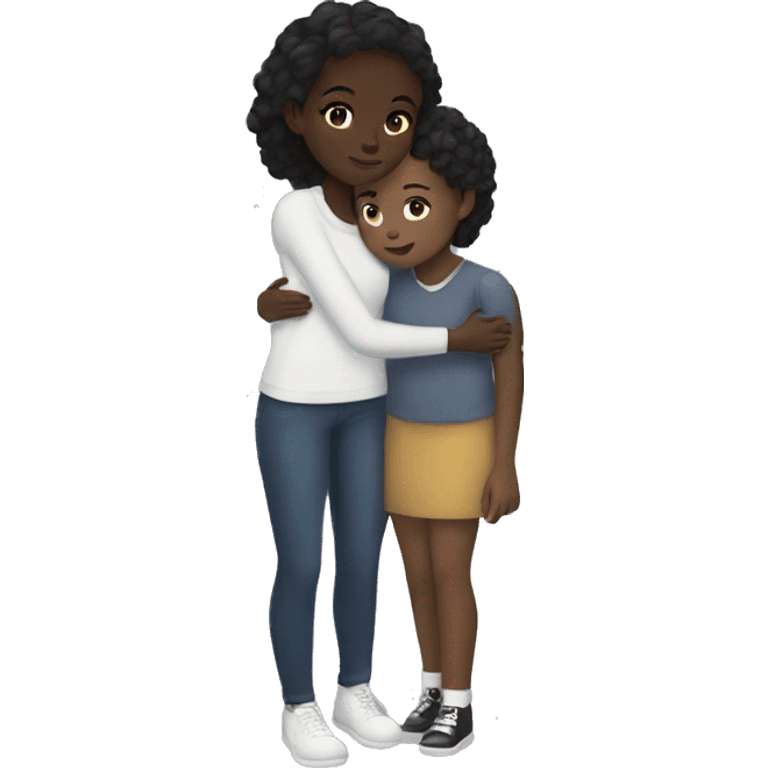 Black girl with dark brown hair hugging a white girl with black hair  emoji