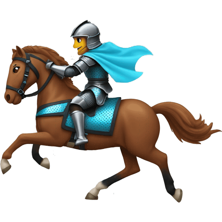 Chestnut and black speckled horse running galloping wearing blue and cyan armour  emoji