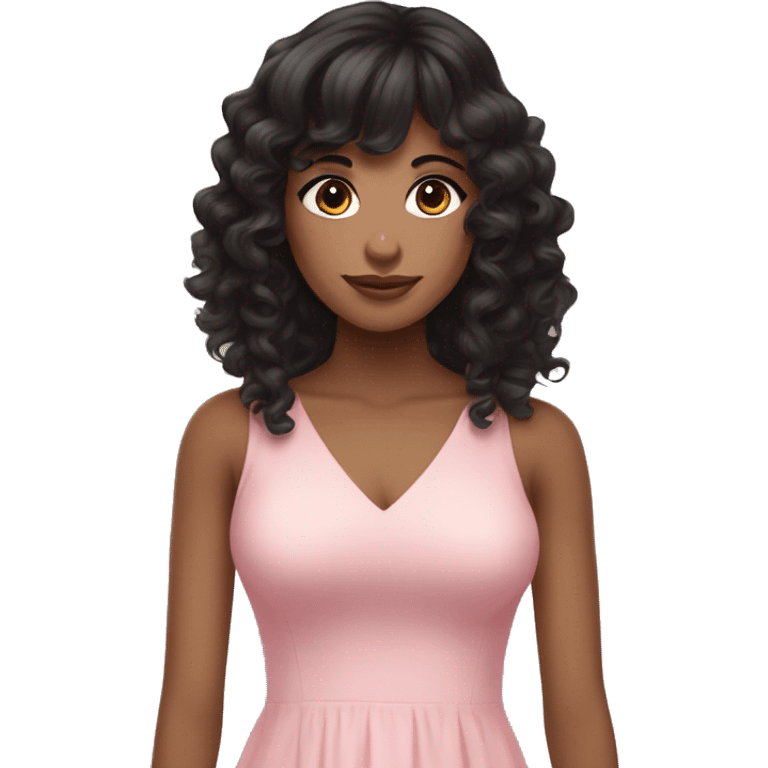 Fair skinned woman with long black curly hair and bangs and dark brown eyes, wearing a pastel pink dress emoji