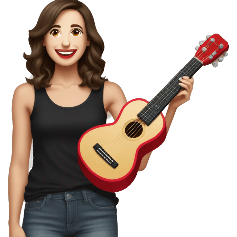 colleen ballinger wearing a black tank top and red pants holding ukelele emoji