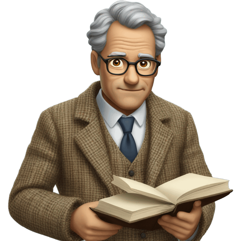 "A middle-aged man with glasses, a regretful expression, and a book or chalk in hand. Wears a tweed jacket." emoji