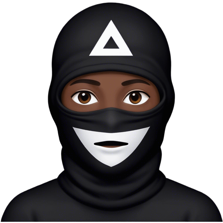 Guy with black baclava like face cover with an upside down white triangle face pattern emoji