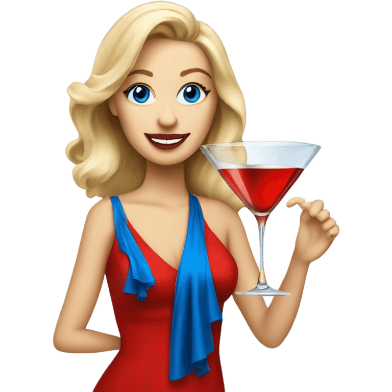 Beautiful blonde white woman with blue eyes and red dress dancing with martini emoji