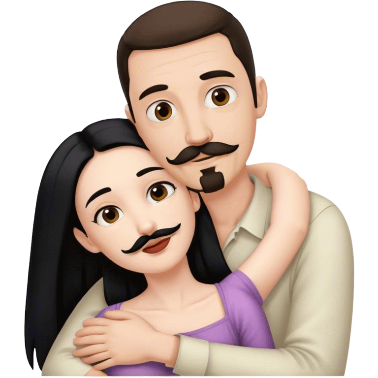 Couple, Tall pale man with brown mustache and goatee, hugging small pale woman long with black hair emoji