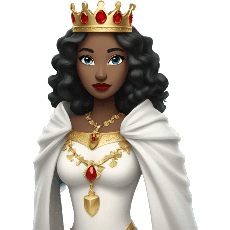 Queen with pale skin, icy blue eyes, bright red lips, long black hair, gold crown, and white robes. emoji