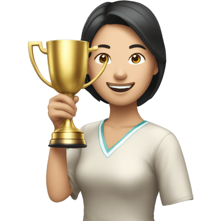 asian happy woman with a gold champion cup emoji