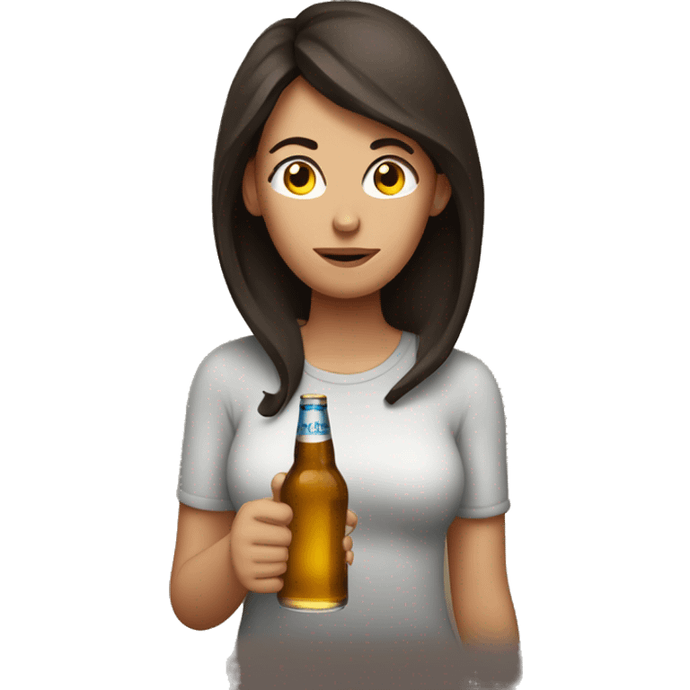 Exhausted woman with dark brown hair holding a beer bottle emoji