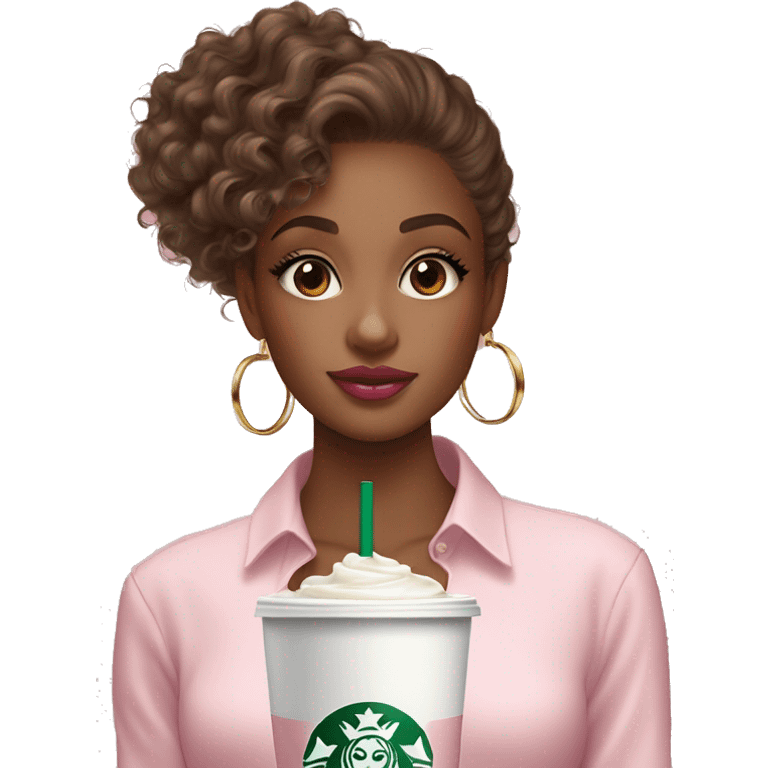 A tan girl with curly hair brown eyes long lashes pink glossy lips in a a white square line shirt a  small gold hoop earrings holding a Starbucks pink drink emoji