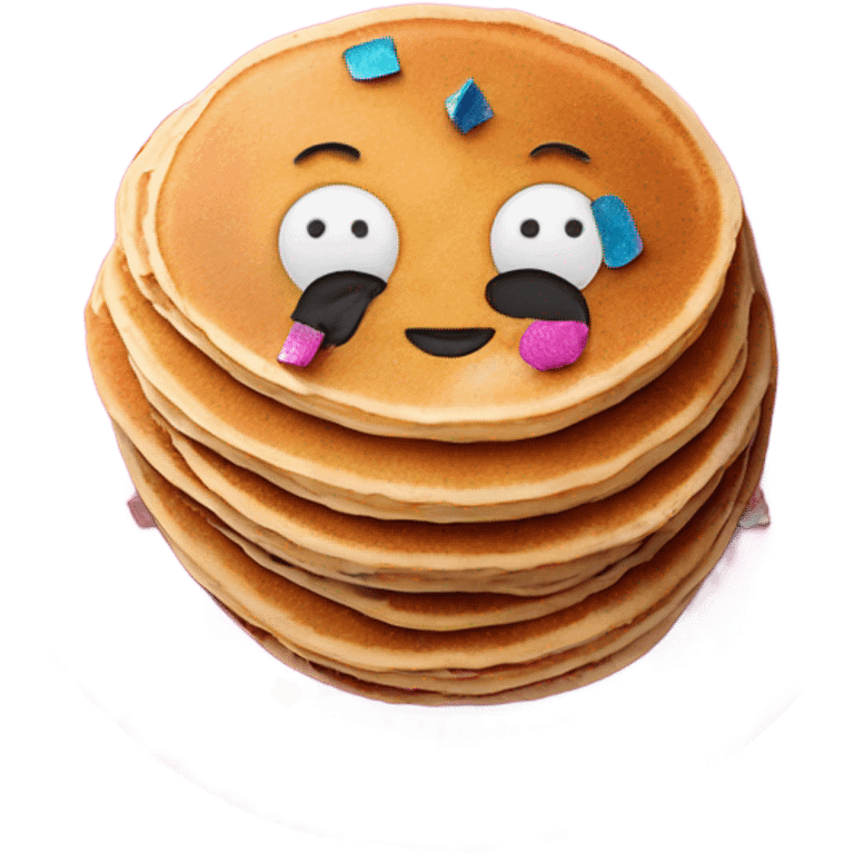 Emoji pancakes on a pink plate. The pancakes are covered in colourful confetti emoji