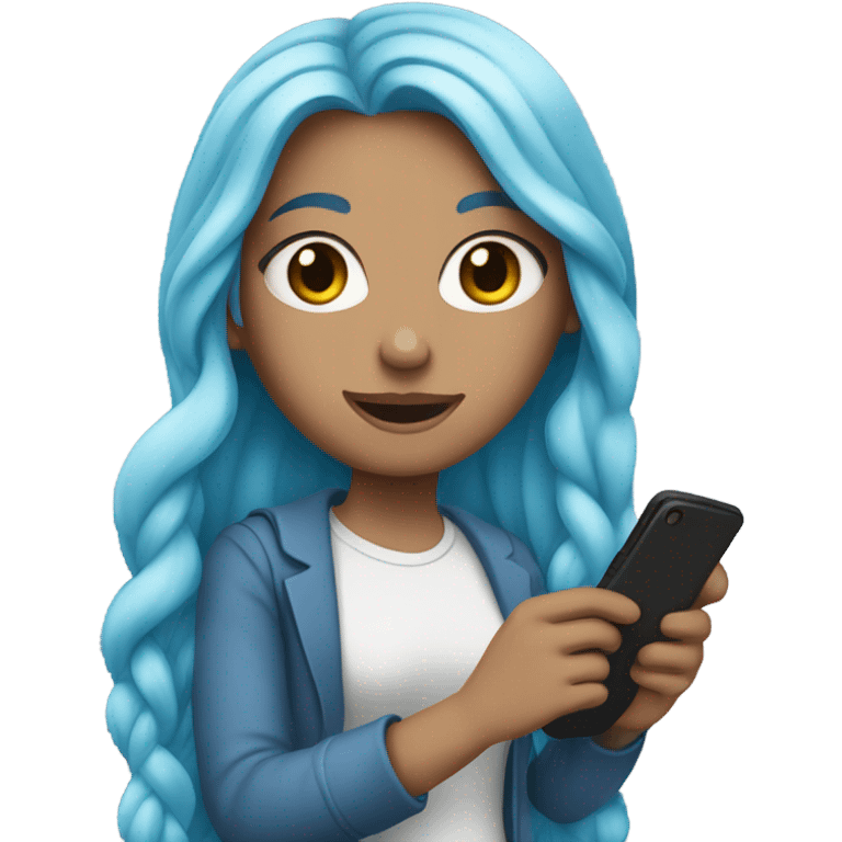 white girl with long blue hair holding a phone in her hands emoji