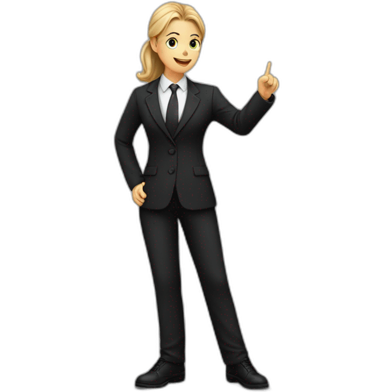 Full length white young teacher in black suit pointing finger up emoji