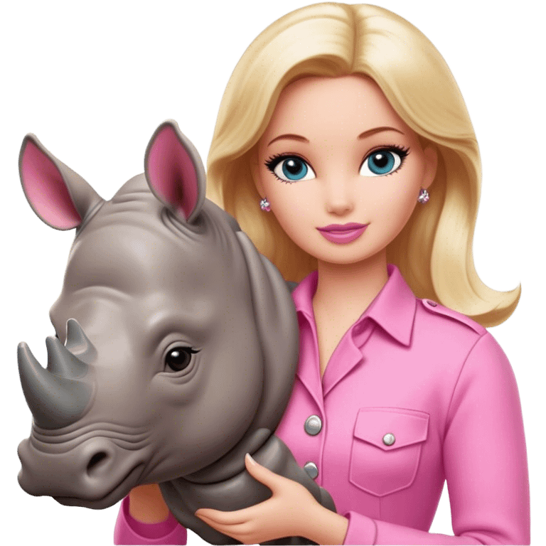 Blonde zookeeper Barbie, pink outfit, petting a rhino emoji