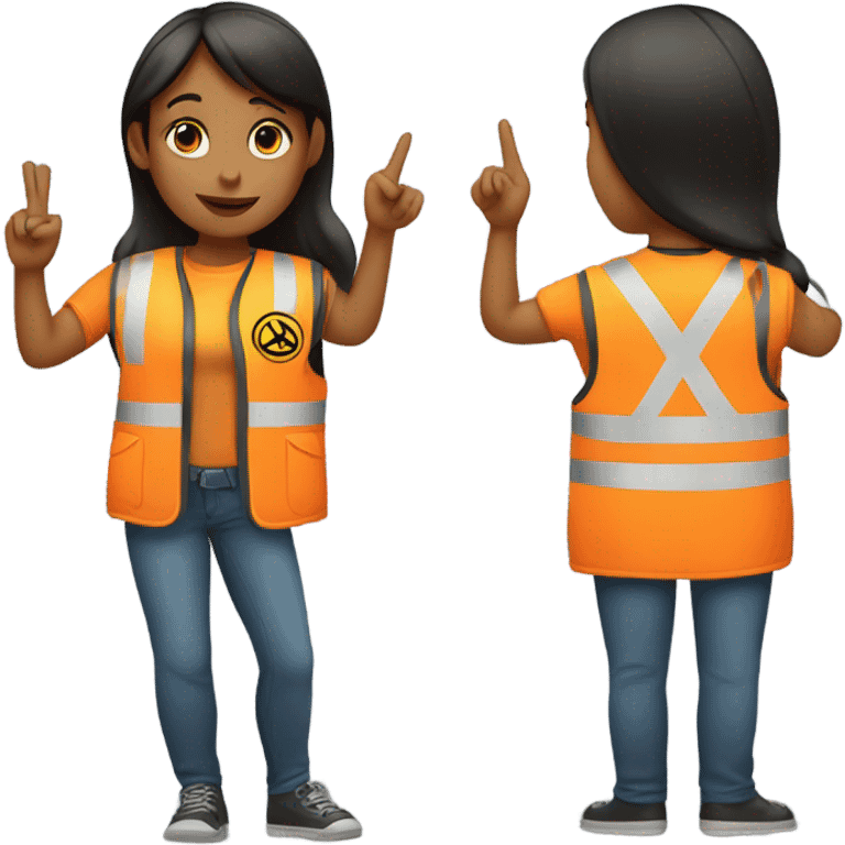 A girl with a safety vest on with a peace sign  emoji