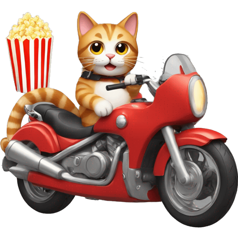 A cat holding popcorn while on a red motorcycle emoji