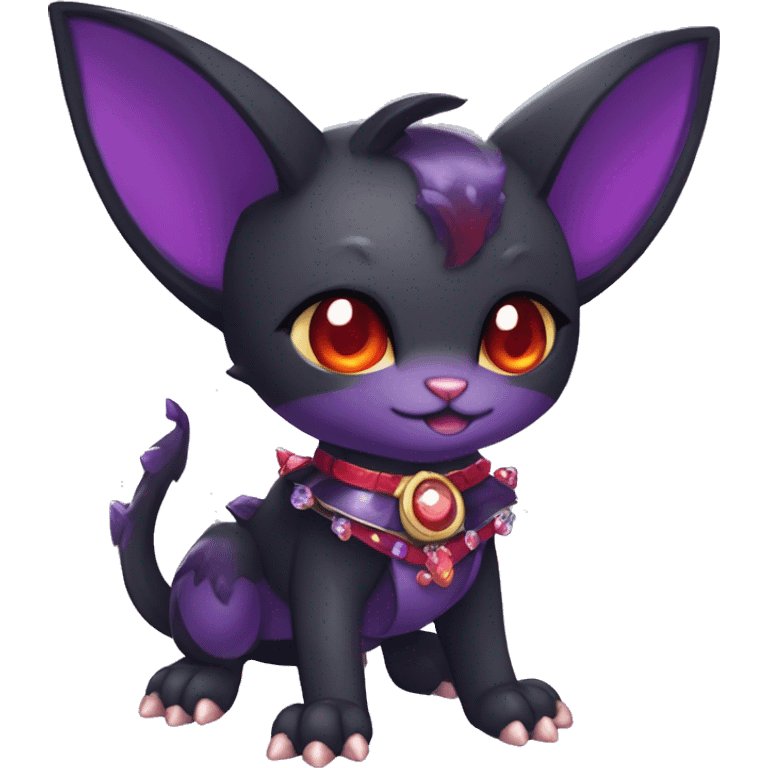 cool kawaii black purple red ethereal fantasy beautiful elegant nargacuga-bat-cat-Fakemon wearing legs spats a collar harness with jewelries full body emoji