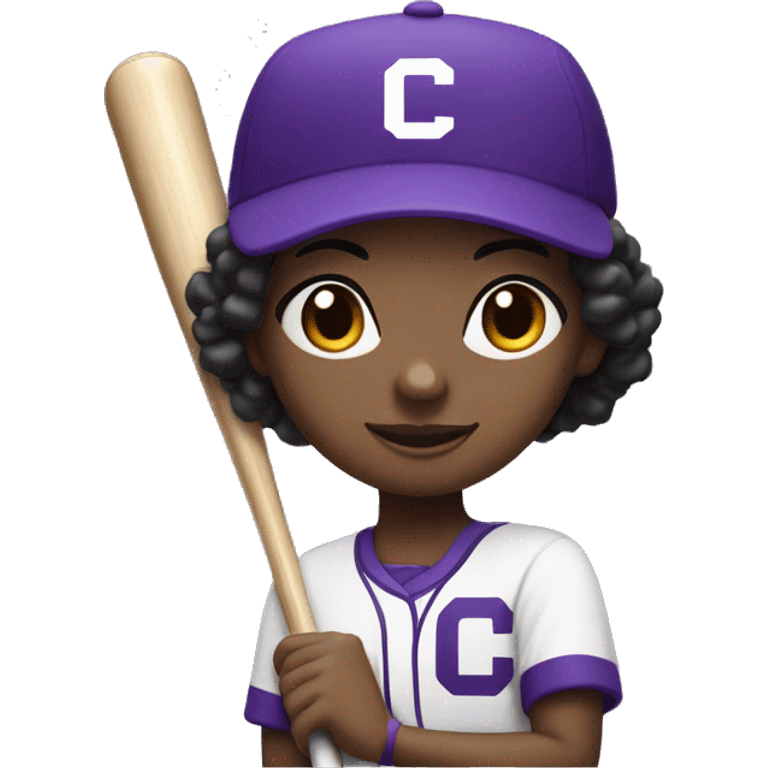 baseball card character. black girl. short hair. letter C logo. Purple and white uniform.  emoji