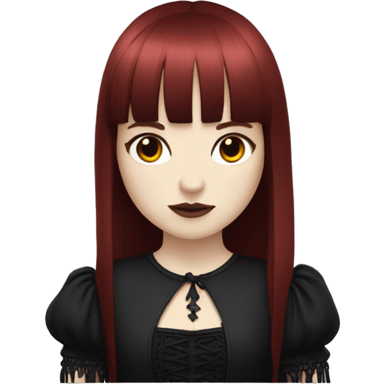 girl that has white skin and Long Dark red hair and fringe bangs and is wearing gothic dress emoji