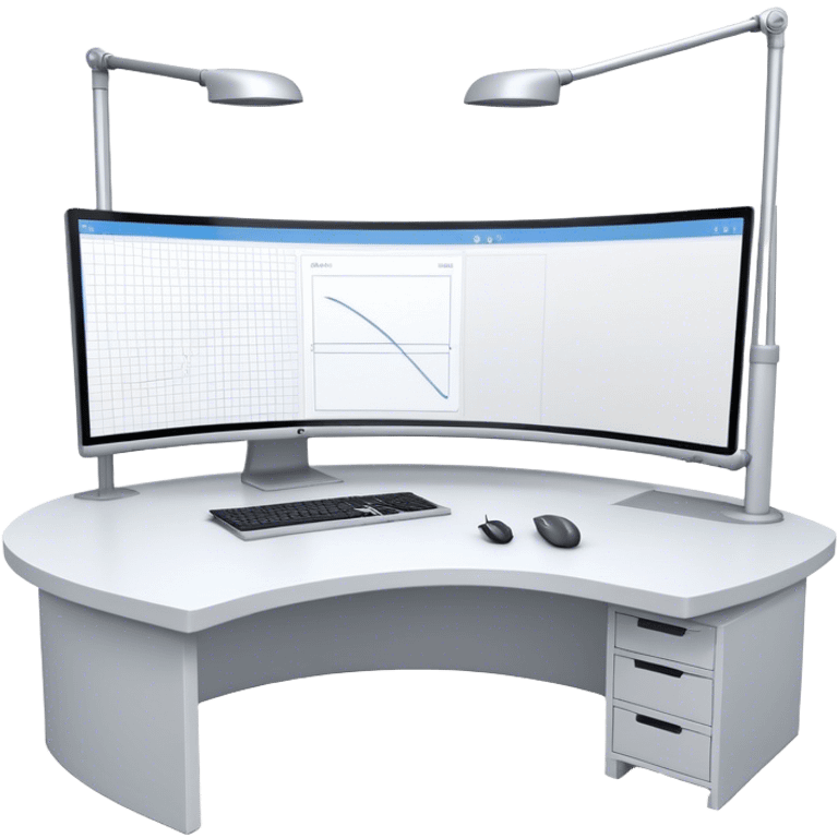 Create an emoji for 3D visualization and modeling. Show a 3D object like room model with grid lines on a big curved monitor. Add a modeling tool a mouse and stylus. Use modern, professional colors. Do not include any emojis or smiley faces. Make the background transparent. emoji