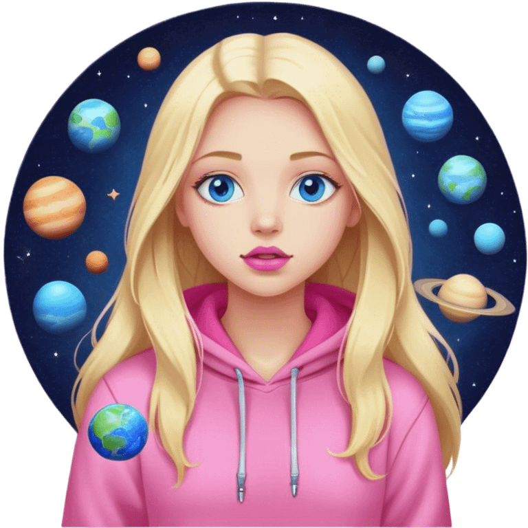 A cinematic realistic blonde with long hair, blue eyes and pink lips wearing a pink hoodie stands and watches the planets rotate emoji